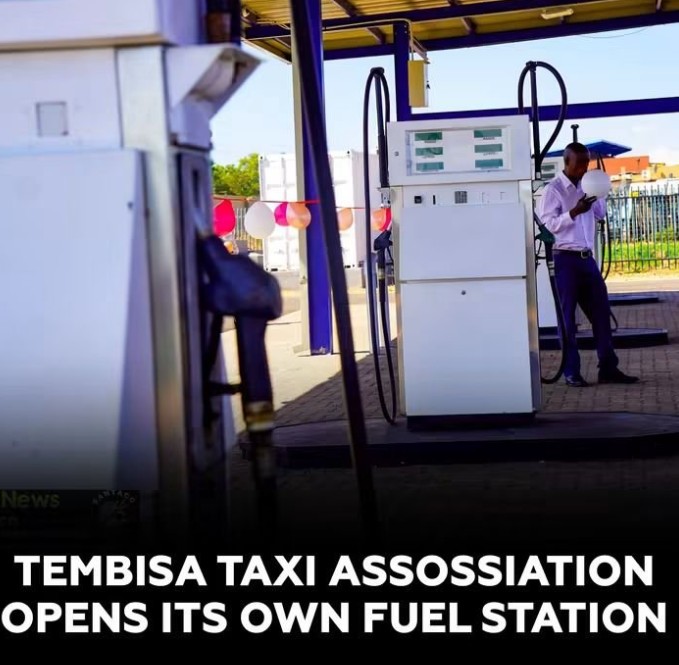 A man stands at a fuel pump with balloons behind him, under the words Tembisa taxi association opens its own fuel station