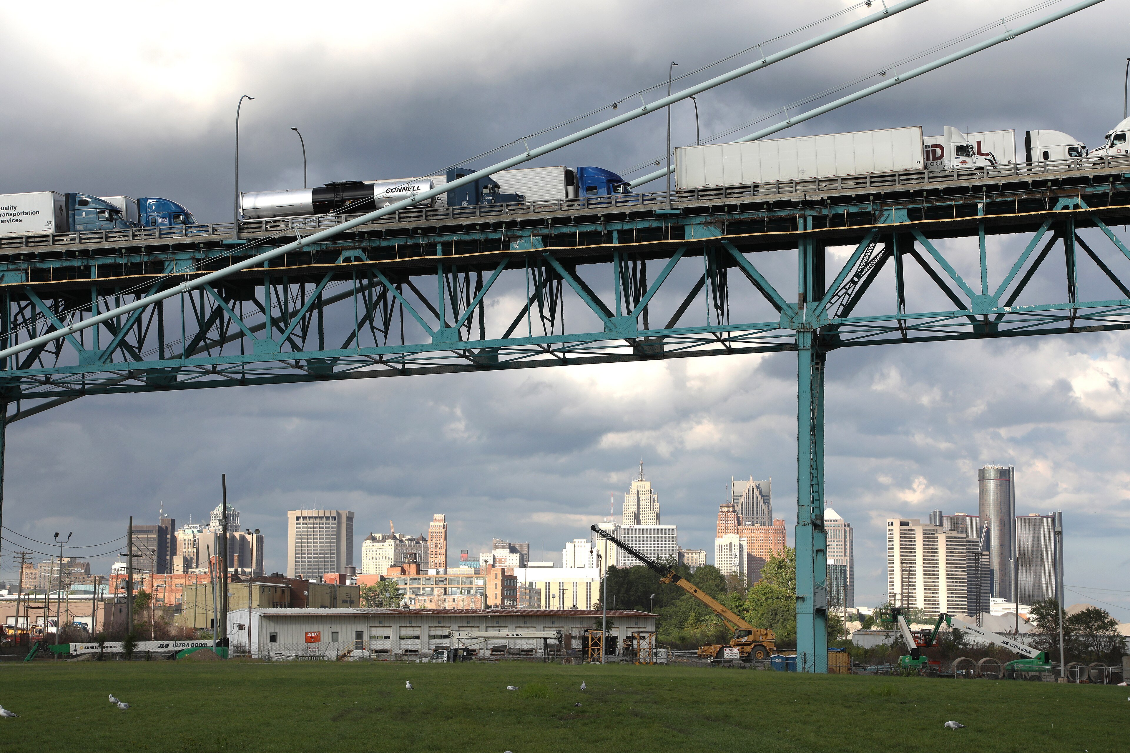 Trucks lined up at the Detroit-Windsor border crossing, the busiest trade link between the US and Canada