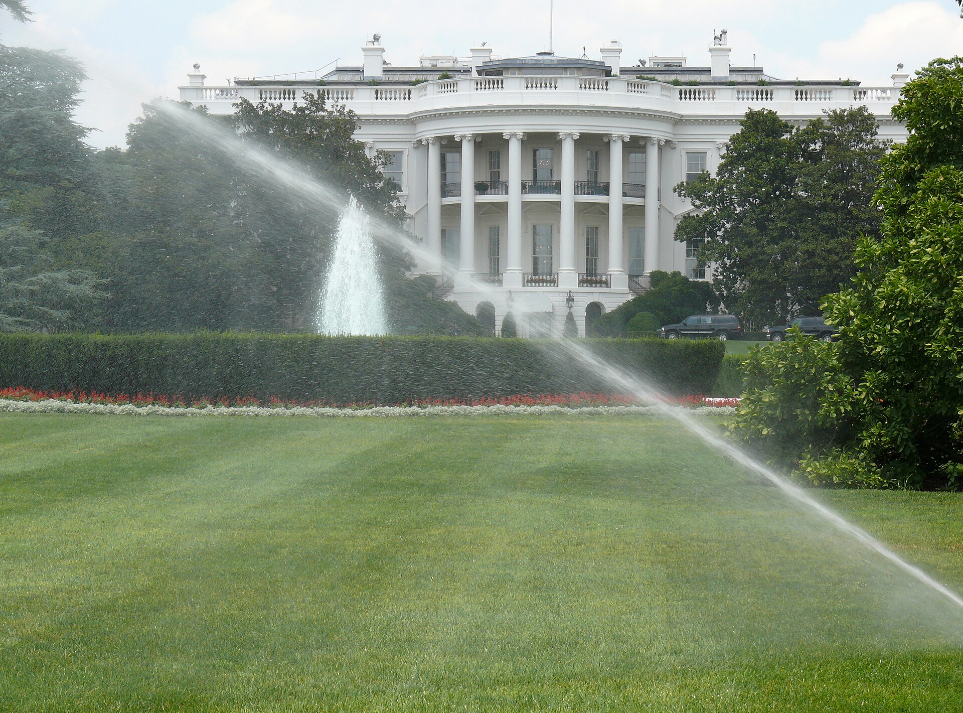 The south facade of the White House in Washington, with its curved portico and lawn