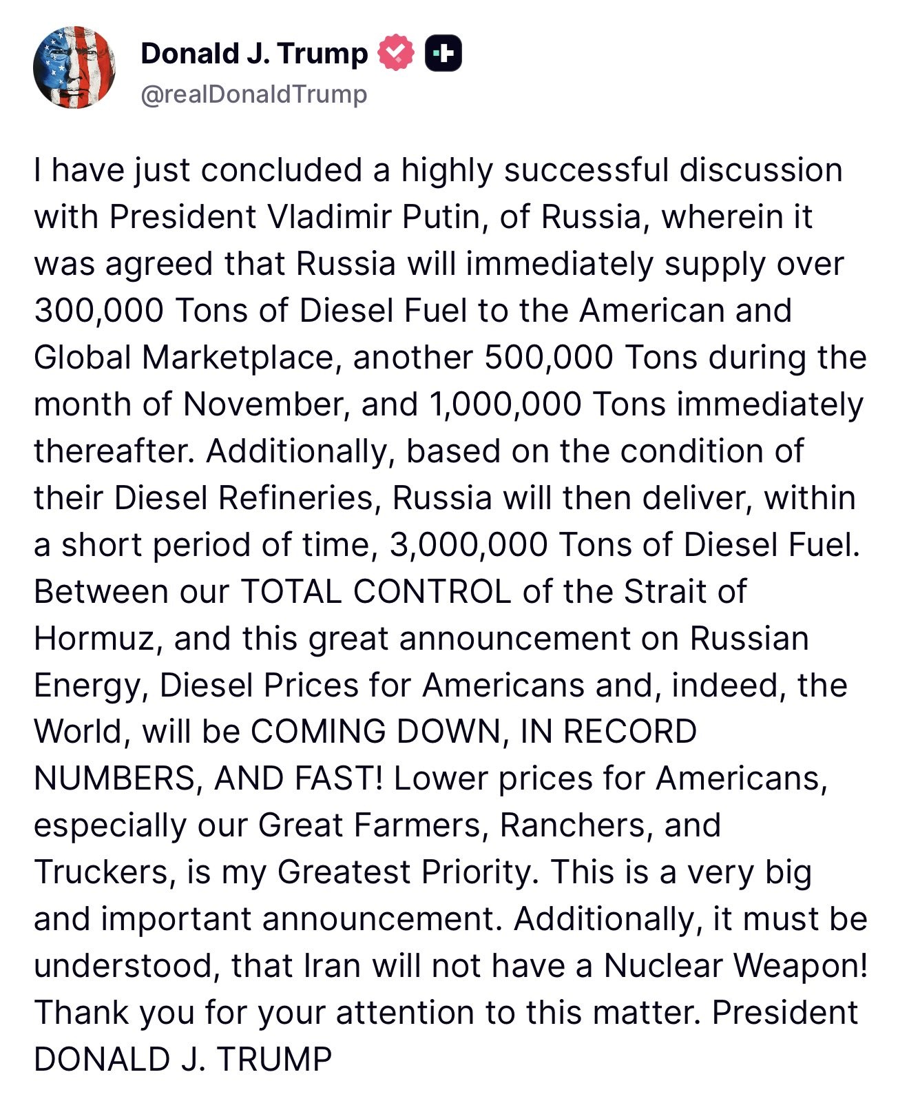 Trump's Truth Social post announcing the Russian diesel deal