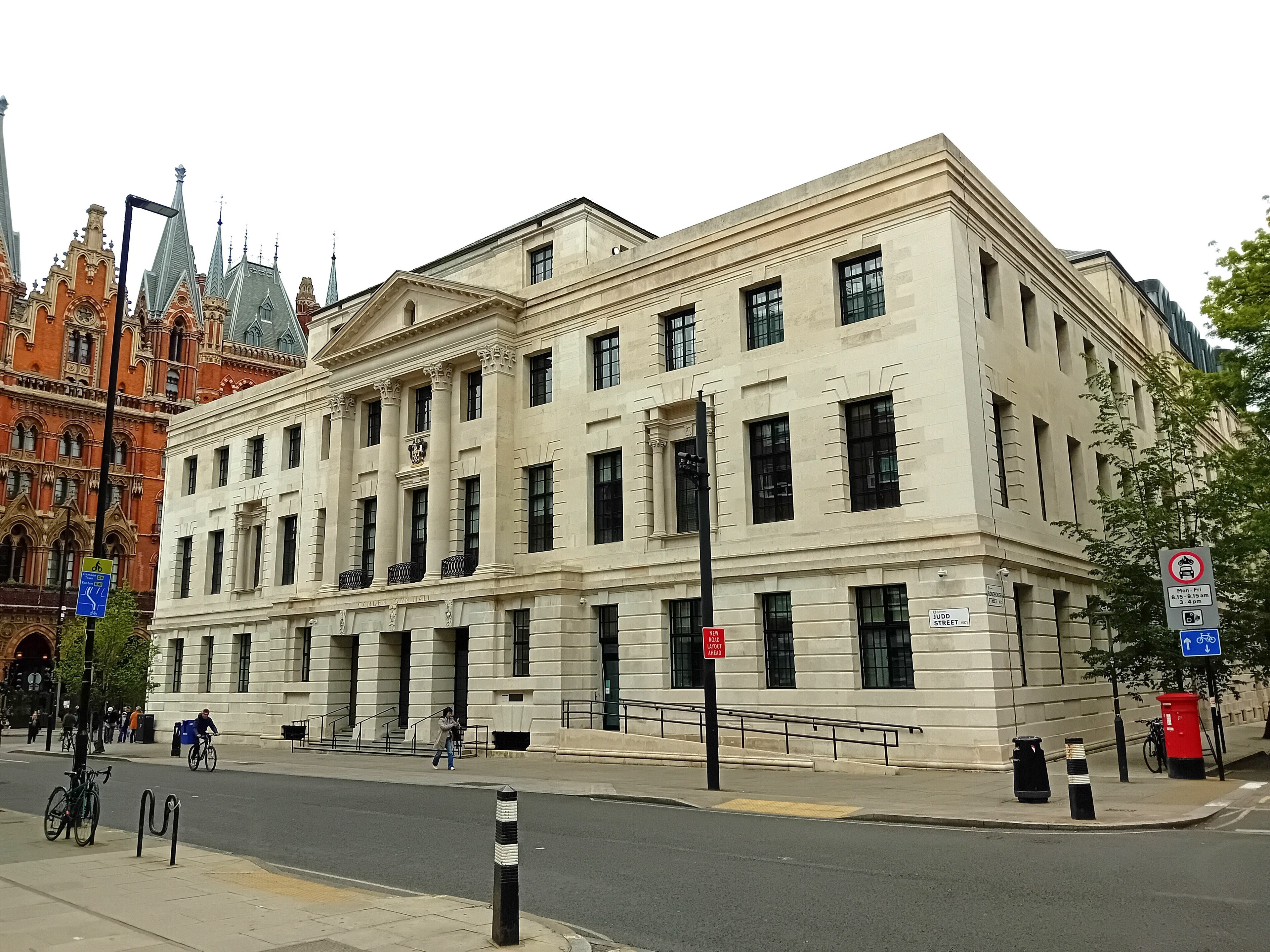 Camden Town Hall, a pale stone building on Euston Road in London