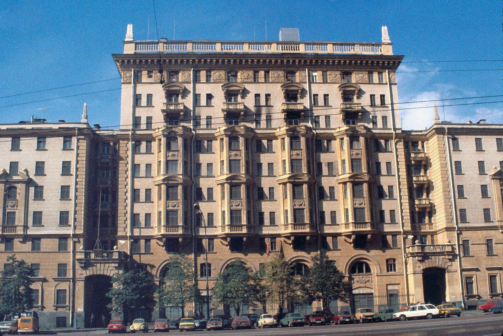 The US Embassy building in Moscow on a sunny day