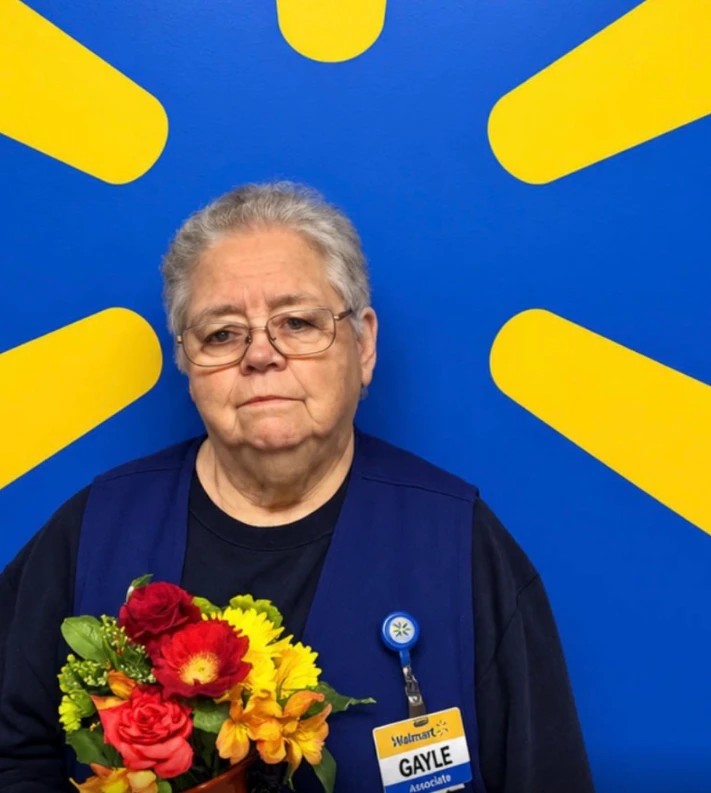 A Walmart associate named Gayle in her blue vest, holding a bouquet in front of the yellow Walmart spark on a blue wall