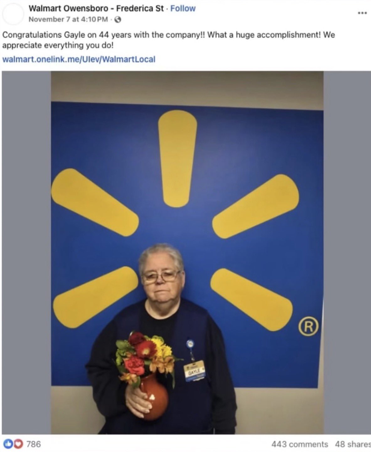 The screenshot of the store's Facebook post thanking Gayle for 44 years