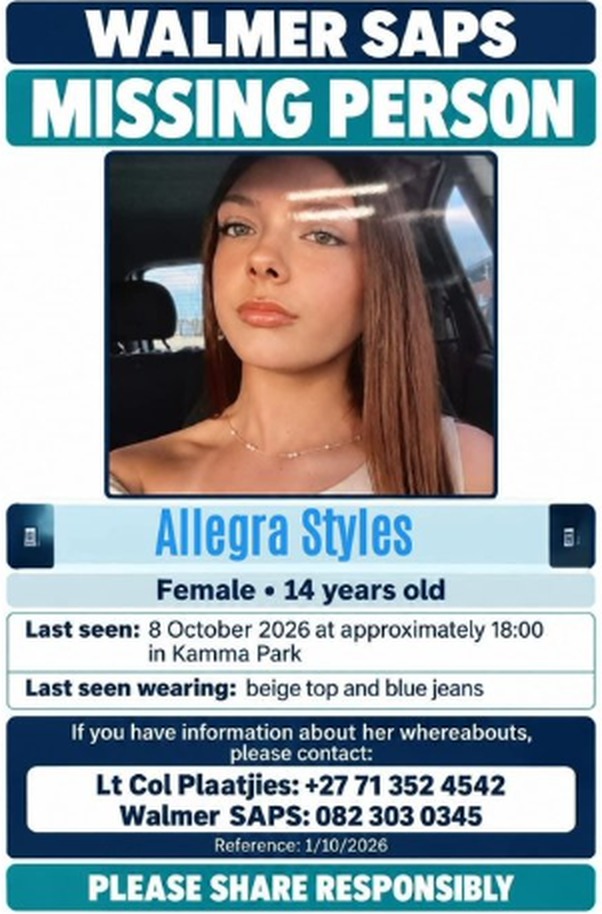 Walmer SAPS missing person poster for Allegra Styles, 14, last seen on 8 October 2026 in Kamma Park, with police contact numbers