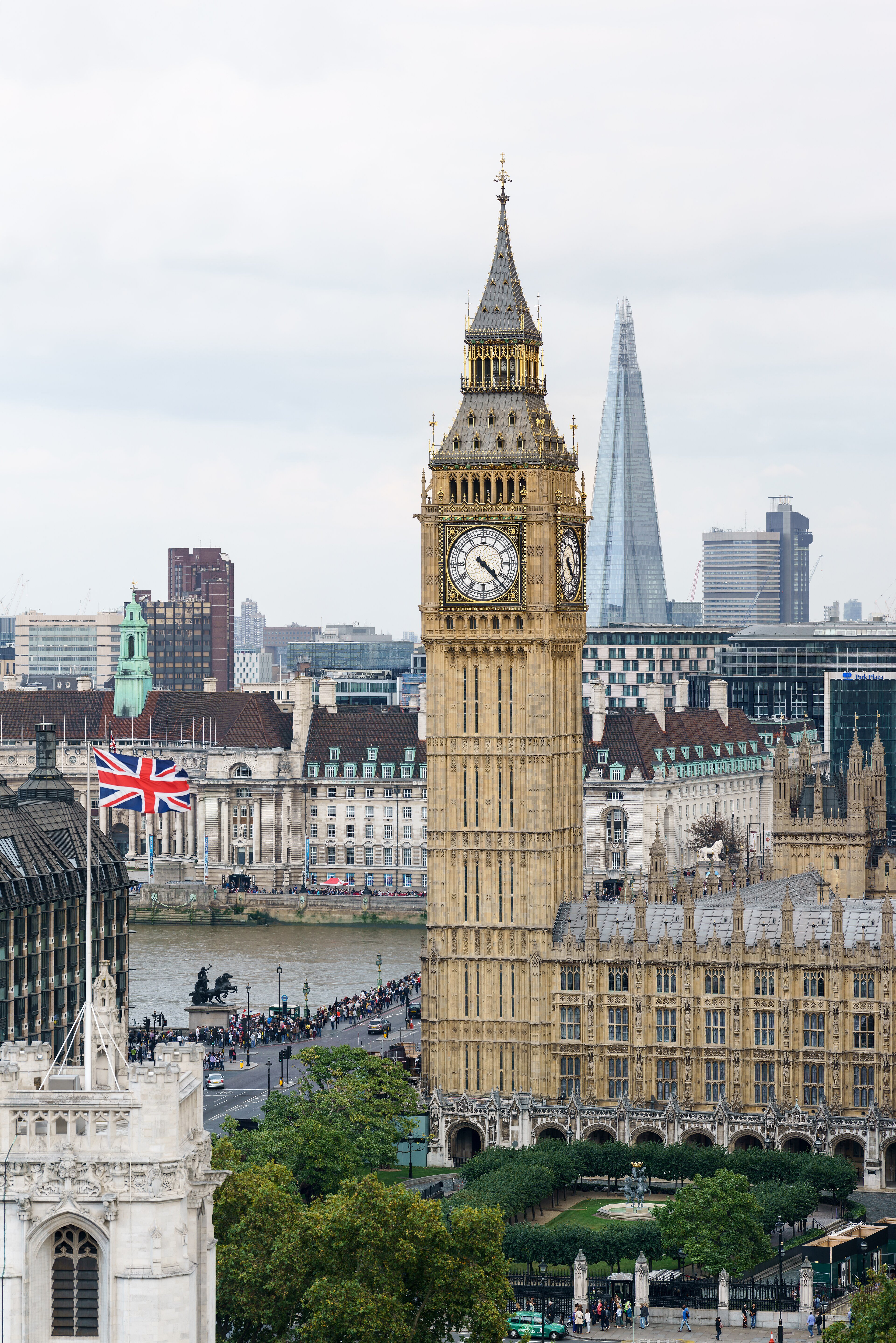 Elizabeth Tower, home of Big Ben, seen from above at the Palace of Westminster in London